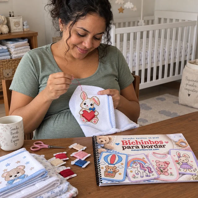 Cena ilustrativa de uma mãe grávida bordando um coelhinho, com o berço ao fundo