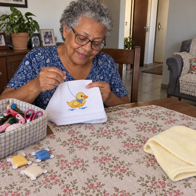 Cena ilustrativa de uma avó bordando um patinho amarelo à mesa de casa